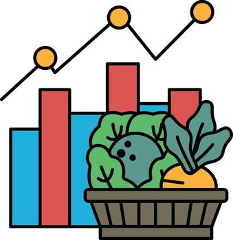 A graph with three lines and a basket of vegetables vector