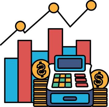 A graph with three lines and a calculator with a stack of coins on top of it vector