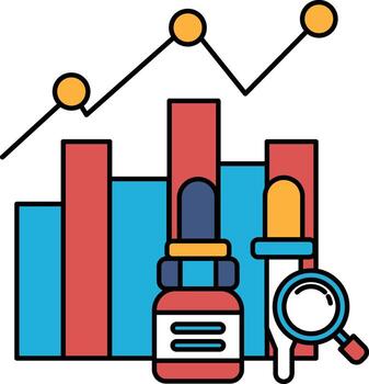 A graph with a line going up and down and a bottle with a magnifying glass on it vector