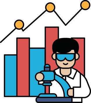 A man in a lab coat is wearing goggles and looking at a graph vector
