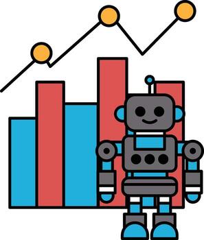 A robot stands in front of a graph with a smile on its face vector