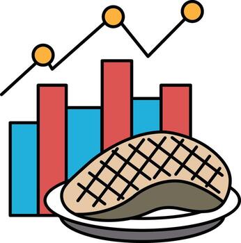A plate of meat with a graph of numbers above it vector