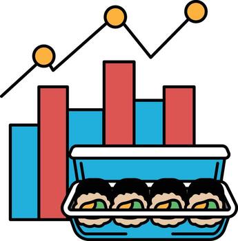 A black and white image of a tray of sushi with a graph on the side vector