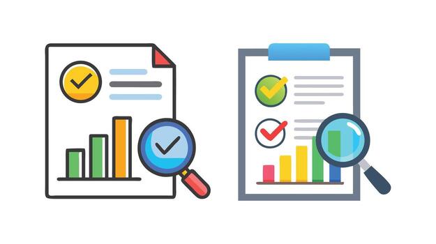 Illustration of Report Review with Magnifying Glass and Check Marks - Data Analysis Concept vector