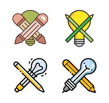 Creative Lightbulb and Pencil Crossed Icons - Concept of Idea and Innovation with Drawn Elements vector
