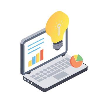 isométrica ordenador portátil con bombilla y cartas - datos análisis, perspectivas, y innovación concepto vector