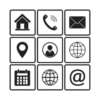Simple Black and White Contact Information Icons Displayed in a Grid Layout for Website, Mobile, or Presentation Purposes vector