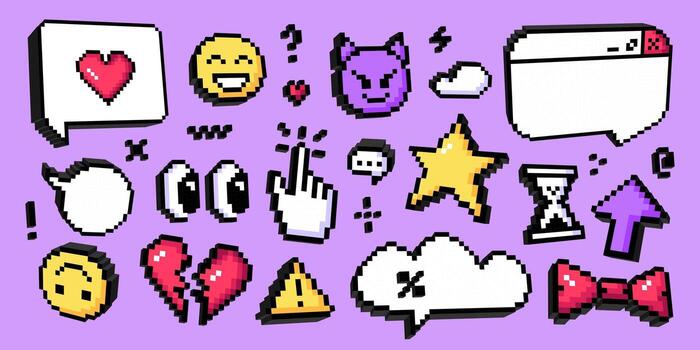 Collection of pixel art icons in 3D retro style. Various icons, speech bubbles, emoji, hearts, cursor, warning sign, star, message. Symbols, stickers for digital game, communication, social media. vector
