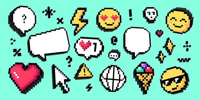 Collection of pixel art icons in 3D retro style. Various icons, speech bubbles, emoji, heart, cursor, ice cream, star, skull. Symbols, stickers for digital game, communication, social media. vector