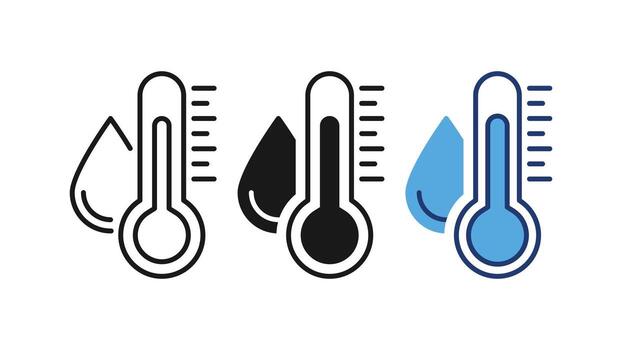 Water Temperature Indicator Silhouette and Line Icon Set. Mercury Thermometer and Water Drop Color Pictogram. Temperature and Humidity Level Sign Collection. Isolated Illustration. vector