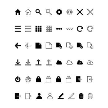 Core system icons set in solid and outline styles including home, search, settings, menu, grid, refresh, arrows, document, upload, download, cloud, power, lock, user, edit, login, logout, trash vector