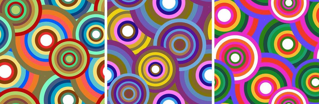 collection of three vibrant psychedelic seamless patterns abstract concentric circles geometric groovy retro style vector