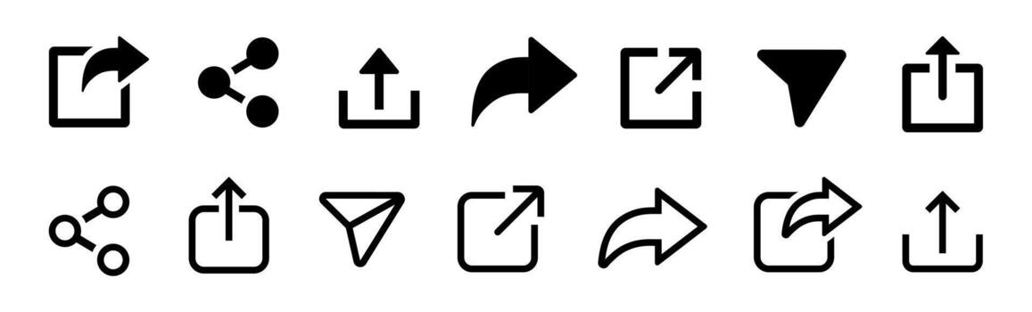 compartir icono colocar. compartir web botones. enlace, compartir flecha, enviar a amigo, social medios de comunicación, distribuir, botón, web sitio. vector
