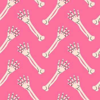 Cute Halloween seamless pattern with skeleton hands on a pink background. Ideal for spooky season fabrics, decor, prints, and digital projects. Simple tile in flat style. vector