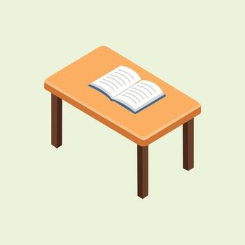 Isometric illustration of a wooden table with an open book on it, depicting an atmosphere of studying, reading, and educational activities. vector