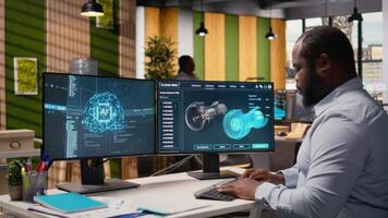 ingeniero trabajando en viento turbina simulación en oficina utilizando artificial inteligencia. rd Departamento trabajador utilizando ai tecnología y canalla programa, haciendo renovable energía Generacion ingeniería, cámara un video