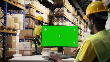 hombre supervisando distribución actividad y protocolos con Bosquejo en ordenador personal, trabajando en grande escala industrial operaciones para Al por menor comercio electrónico industria. almacén con cajas en bastidores cámara una. video