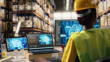 Frau Verwendet fortgeschritten ai Werkzeuge zu Scan und registrieren Barcodes, künstlich Intelligenz Gehirn Automatisierung zu erfüllen E-Commerce Verkauf Operationen. tief Lernen Unterstützung Verfolgung Software. Kamera b. video