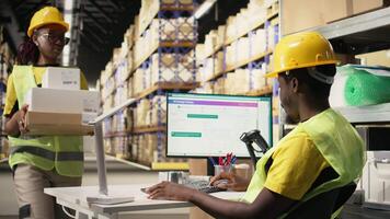 svart logistik arbetare team hantering frakt spårning på pc programvara, säkerställa uttrycka leverans för lådor med frakt etiketter. industriell e-handel distribution operationer i handling. kamera a. video