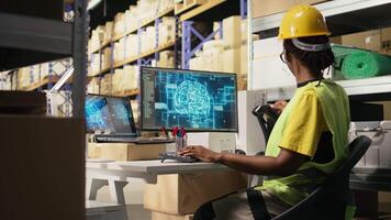 Frau Verwendet fortgeschritten ai Werkzeuge zu Scan und registrieren Barcodes, künstlich Intelligenz Gehirn Automatisierung zu erfüllen E-Commerce Verkauf Operationen. tief Lernen Unterstützung Verfolgung Software. Kamera a. video