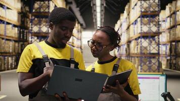 stor företag lager personal hantering beställa uppfyllelse med bärbar dator data, hantering distribution förfaranden och lagring organisation runt om uppfyllelse Centrum ställ. paket sortering. kamera a. video