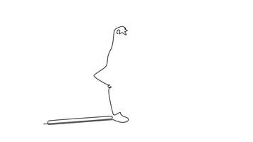 Animated self drawing of continuous line draw back view man performing rail grind on a metal rail. Technical skill, balance, and energetic culture of skateboarding. Full length single line animation video