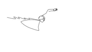 Animated self drawing of continuous line draw male surfer athlete in action on the waves, with one hand touching the water. Symbolizing control, balance, and skill. Full length single line animation video