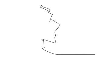 animerad själv teckning av kontinuerlig linje dra man utför järnväg slipa på en metall järnväg. symboliserar teknisk skicklighet, balans, och energisk kultur av skateboardåkning. full längd enda linje animering video