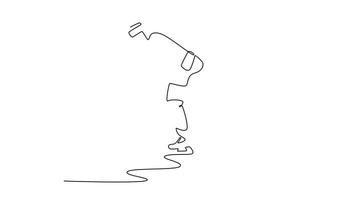 själv teckning animering av enda linje dra aktiva kvinna is hockey spelare är skridskoåkning, stickhantering de puck. atletisk skicklighet, fart, och energisk handling. kontinuerlig linje dra. full längd animerad video