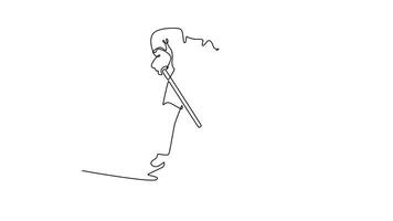 Self drawing animation single line draw female ice hockey player in dynamic skating motion, stickhandling the puck. Athletic skill, speed, and energetic action. Continuous line. Full length animated video