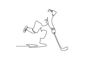 själv teckning animering av enda linje dra två is hockey spelare är engagerad i konkurrenskraftig match. lagarbete, dynamisk handling, och aggressiv natur av sport. kontinuerlig linje dra. full längd animerad video