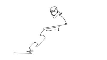 själv teckning animering av enda linje dra främre se av attraktiv kvinna is hockey spelare är skridskoåkning. representerar rörlighet, kraft, och graciös rörelse. kontinuerlig linje dra. full längd animerad video