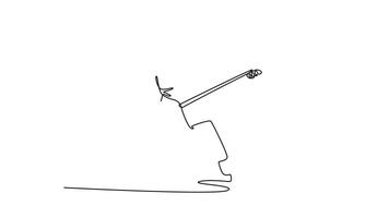 animerad själv teckning av kontinuerlig linje dra främre se av manlig is hockey spelare i kraftfull hållning med hjälm och pinne. aggressiv handling, fokus, atletisk skicklighet. full längd enda linje animering video