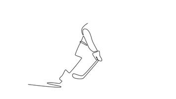animerad själv teckning kontinuerlig linje dra ung attraktiv man is hockey spelare är pinne hantering puck, symbolisera atletisk skicklighet, fart, energisk verkan av de spel. full längd ett linje animering video