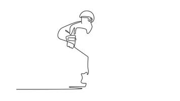 animerad själv teckning av kontinuerlig linje dra manlig is hockey spelare i dynamisk skridskoåkning rörelse, stickhantering en puck, symbolisera atletisk skicklighet, fart, energisk handling. full längd ett linje animering video