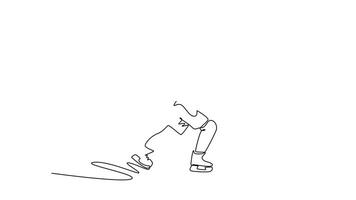 Animated self drawing continuous line draw active male ice hockey player in powerful low stance with his stick, symbolizing aggressive action, focus, and athletic skill. Full length one line animation video