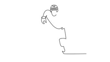 själv teckning animering av enda linje dra kvinna is hockey spelare i kraftfull låg hållning skridskoåkning fram, symboliserar aggressiv handling, fokus, atletisk skicklighet. kontinuerlig linje. full längd animerad video