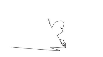 animerad själv teckning av kontinuerlig linje dra tillbaka se manlig is hockey spelare i kraftfull springa hållning med hans pinne. symboliserar aggressiv handling, fokus, balans. full längd enda linje animering video