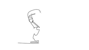 själv teckning animering av enda linje dra kvinna is hockey spelare i dynamisk skridskoåkning rörelse, stickhantering puck. symbolisera kraft, atletisk skicklighet, redo handling. kontinuerlig linje. full längd animerad video