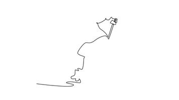 animerad själv teckning av kontinuerlig linje dra manlig is hockey spelare i kraftfull låg hållning med hans pinne. symboliserar aggressiv handling, fokus, och atletisk skicklighet. full längd enda linje animering video