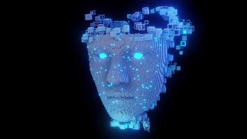 3d pixelated ai testa con raggiante occhi e galleggiante cubi su buio sfondo, che rappresentano artificiale intelligenza, macchina apprendimento, e futuristico digitale tecnologia concetti. video
