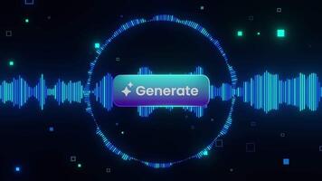 lysande generera knapp Centrum i trogen ljud Vinka visualisering, representerar ai röst generation, audio skapande verktyg, och smart ljud design automatisering i digital system. video