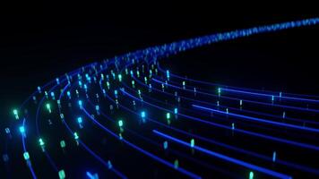 3d brilhando binário código fluindo ao longo curvado luz trilhas em Sombrio fundo, visualizando dados transmissão, digital comunicação, e futurista tecnologia dentro movimento. video