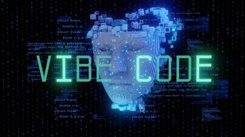futurista digital cara hecho de 3d código bloques con brillante ambiente código texto, símbolo artificial inteligencia, codificación cultura, y hombre-máquina integración en digital evolución. video