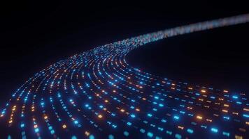 brilhando binário código dentro curvado movimento com azul e laranja luzes em Sombrio fundo, simbolizando dados transferir, digital comunicação, e futurista em formação fluxo. video