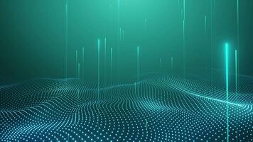 futuristico digitale paesaggio con raggiante puntini e verticale Linee su verde pendenza sfondo, che rappresentano dati fluire, ai visualizzazione, e moderno tecnologia ambiente. video