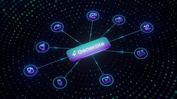 topp se av lysande generera knapp omgiven förbi ai verktyg ikoner i cirkulär layout, representerar innehåll automatisering, digital skapande, och smart teknologi plattform gränssnitt. video