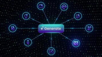 ai generation begrepp med lysande generera knapp och teknologi ikoner omgivande Det, visualisera artificiell intelligens Förmågor i media skapande, automatisering, och innehåll verktyg. video