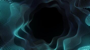 dinamico 3d digitale particella onda formatura un' circolare telaio con vuoto nero centro, ideale per testo posizionamento nel tecnologia, dati, ai, e futuristico concetto presentazioni o sfondi. video
