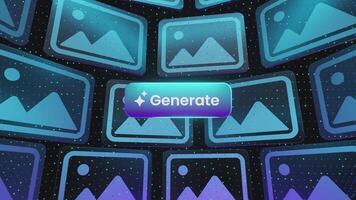 ai bild generation begrepp som visar en lysande generera knapp omgiven förbi flera olika bild ikoner, symboliserar smart kreativitet, digital automatisering, och trogen innehåll skapande. video